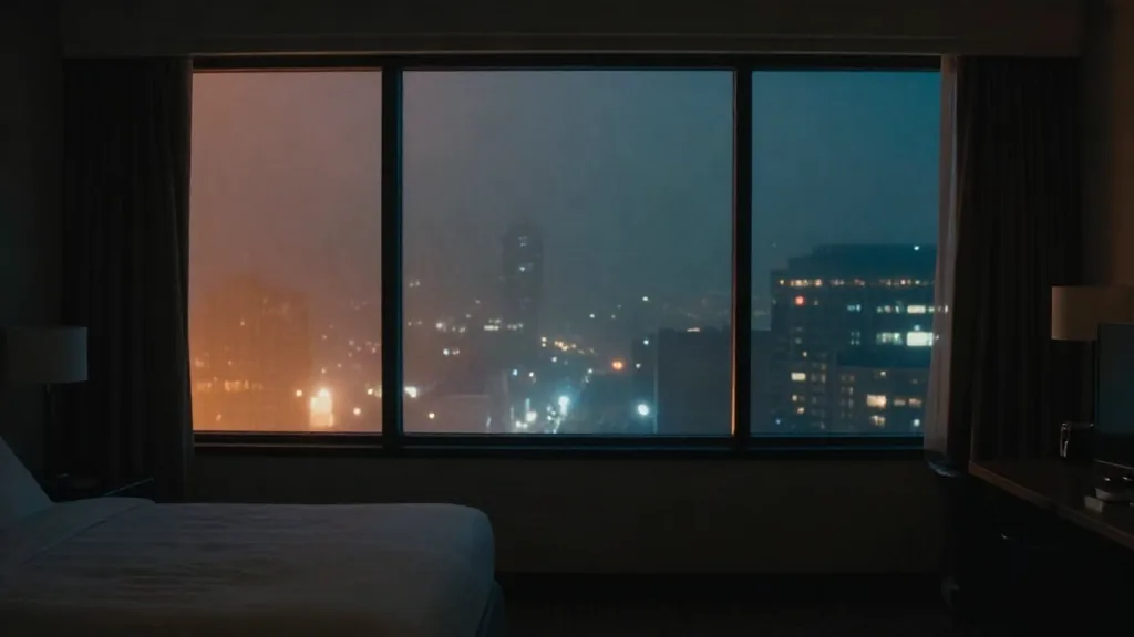 Habitación de hotel a oscuras con luz de ventana y niebla