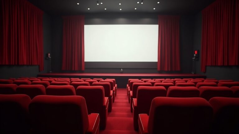 Una sala de cine antigua vacía con butacas de terciopelo rojo y el haz del proyector cruzando el aire cargado de polvo hacia una pantalla en blanco, claroscuro, atmósfera nostálgic