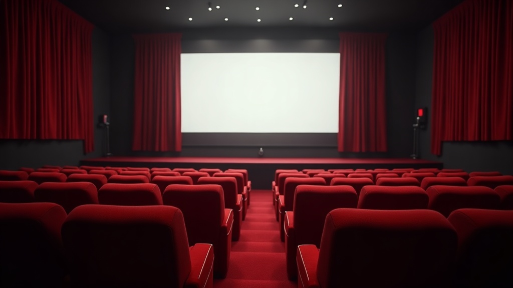 Una sala de cine antigua vacía con butacas de terciopelo rojo y el haz del proyector cruzando el aire cargado de polvo hacia una pantalla en blanco, claroscuro, atmósfera nostálgic