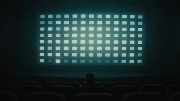 Butaca vacía frente a una pantalla enorme hecha de bloques de luz, entre niebla azulada