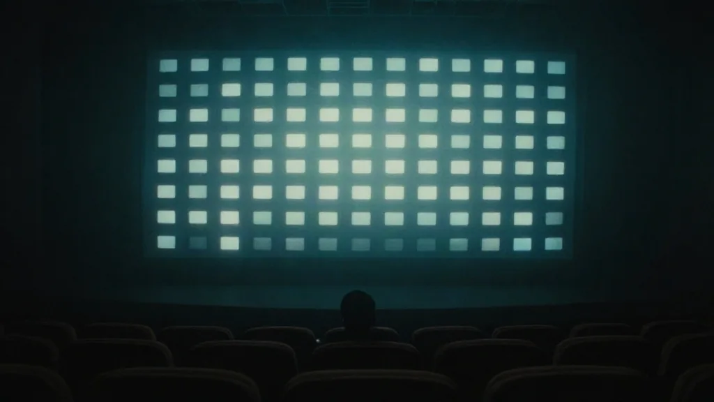 Butaca vacía frente a una pantalla enorme hecha de bloques de luz, entre niebla azulada